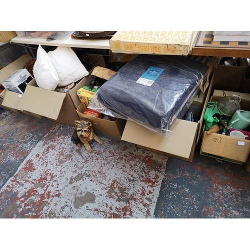 972A - Four boxes containing Quartz wall clock, kitchenware, ceramics, 19th century style footstool etc.