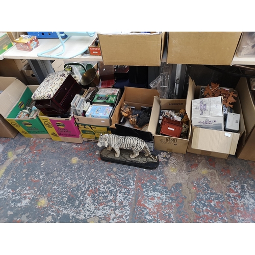 972B - Six boxes containing black forest style calved cuckoo clock, albino tiger figurine, ceramics etc.