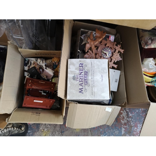 972B - Six boxes containing black forest style calved cuckoo clock, albino tiger figurine, ceramics etc.