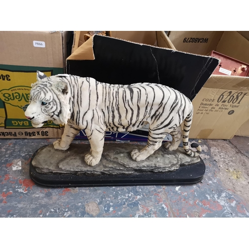 972B - Six boxes containing black forest style calved cuckoo clock, albino tiger figurine, ceramics etc.