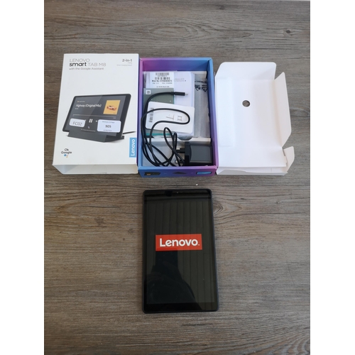 905 - A boxed Lenovo Smart Tab M8 tablet with charger, cable and instruction manuals