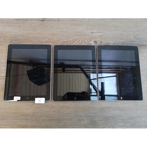 912 - Three Apple iPad tablets, two A1416 and one A1430