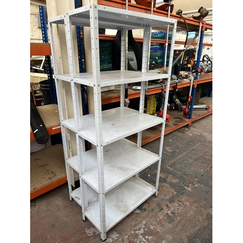 736 - A pair of metal five tier shelving units - approx. 171cm high x 76cm wide x 30.5cm deep