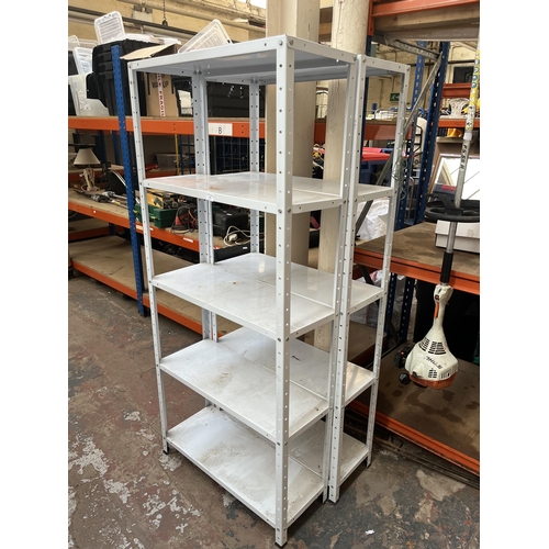 736 - A pair of metal five tier shelving units - approx. 171cm high x 76cm wide x 30.5cm deep