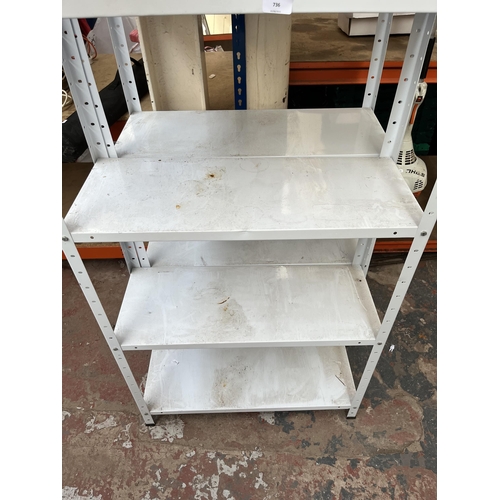 736 - A pair of metal five tier shelving units - approx. 171cm high x 76cm wide x 30.5cm deep