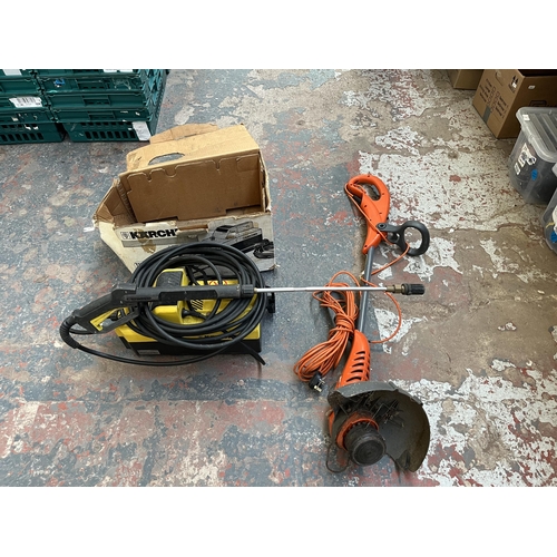 740 - Two items, one boxed Kärcher HD585 pressure washer and one Flymo Powerdash Trim 700 strimmer