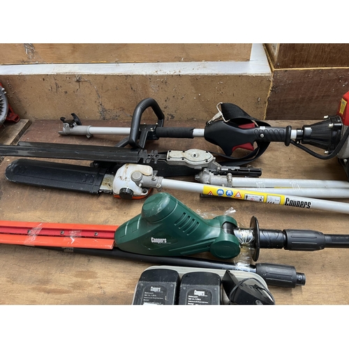 741 - Two Coopers long reach hedge cutters, one petrol with two attachments and one battery powered with a... 