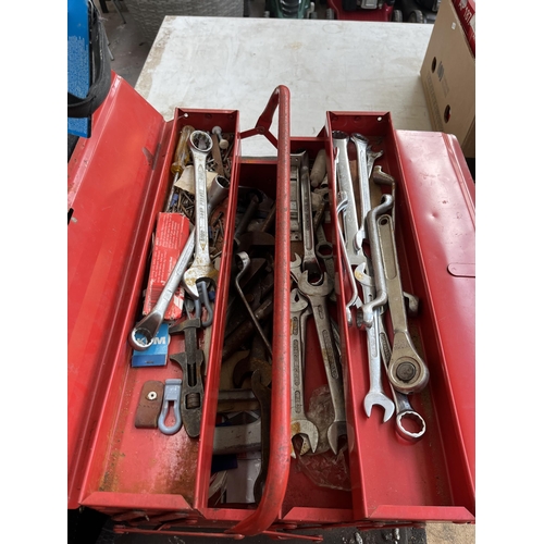 757 - A collection of tools and toolboxes to include two vintage red metal toolboxes containing spanners, ... 