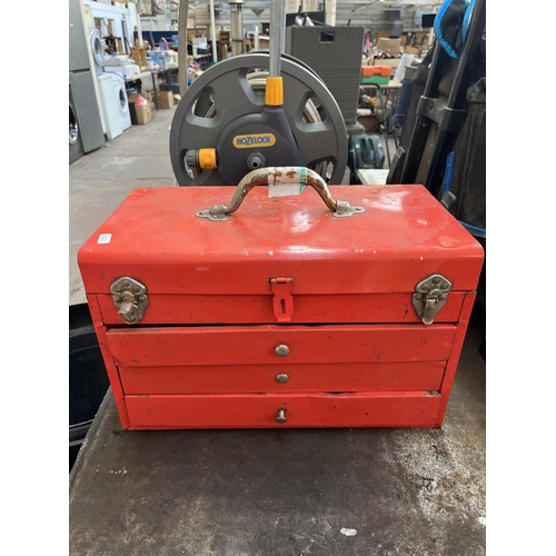 757 - A collection of tools and toolboxes to include two vintage red metal toolboxes containing spanners, ... 