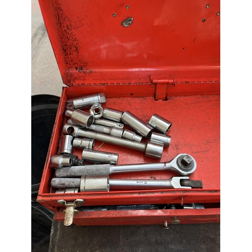 757 - A collection of tools and toolboxes to include two vintage red metal toolboxes containing spanners, ... 