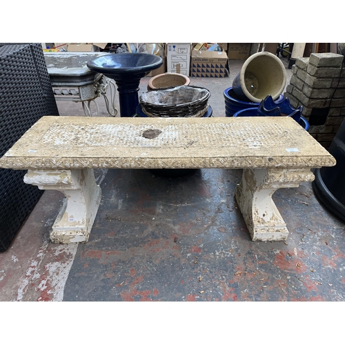 771 - A 19th century style cast stone three piece garden bench - approx. 41cm high x 104cm wide x 36cm dee... 