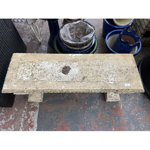 771 - A 19th century style cast stone three piece garden bench - approx. 41cm high x 104cm wide x 36cm dee... 