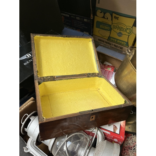 974C - A collection of house clearance items to include 19th century rosewood work box, brass preserve pan,... 