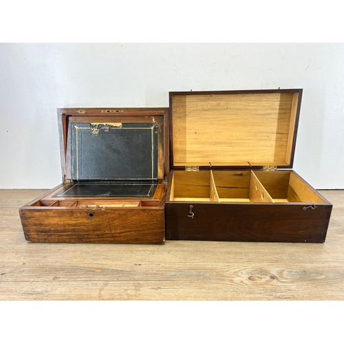 680 - Two wooden boxes, one Victorian rosewood writing slope with black leather insert and one hardwood th... 