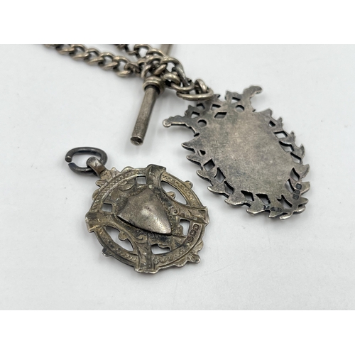 1318A - A hallmarked sterling silver Albert chain with two hallmarked Birmingham silver fobs - approx. gross... 