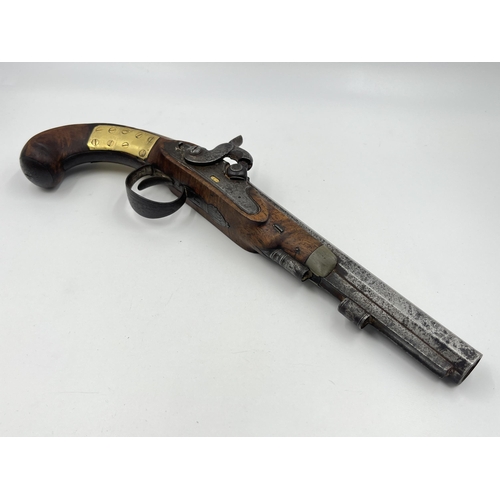 1407 - An 18th century Wallis of Hull percussion pistol with walnut stop - approx. 33cm long