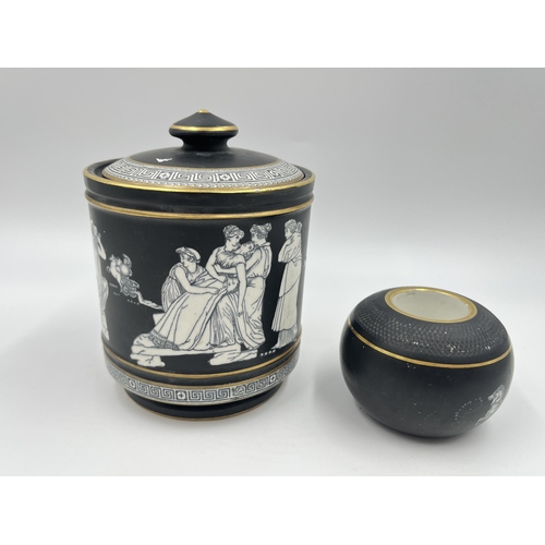 1428A - A late 19th/early 20th century F & R Pratt 'Old Greek' pattern tobacco jar and match holder - larges... 