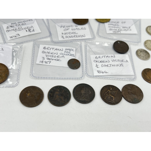 1430 - A collection of Victorian medallions and coins with silver examples to include 92.5% silver 60th Ann... 