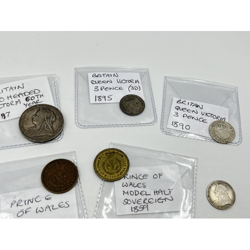 1430 - A collection of Victorian medallions and coins with silver examples to include 92.5% silver 60th Ann... 