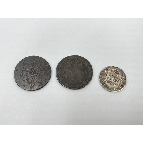 1431 - Three Spanish coins, one 90.3% silver 1777 1 real, one 1823 8 maravedis and one 1844 8 Maravedis