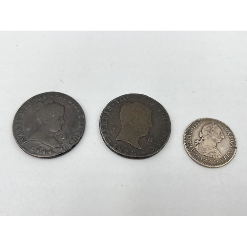 1431 - Three Spanish coins, one 90.3% silver 1777 1 real, one 1823 8 maravedis and one 1844 8 Maravedis