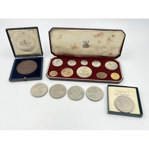 1439 - A collection of British coins together with a boxed attendance medal