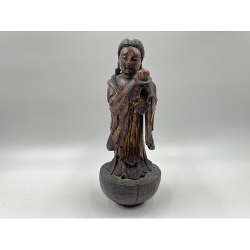 1464B - An antique Chinese carved wood hand painted figurine - approx. 22cm high