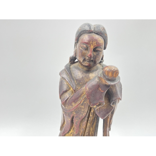 1464B - An antique Chinese carved wood hand painted figurine - approx. 22cm high