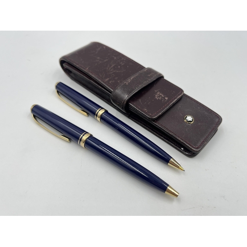 1470 - A brown leather cased Mont Blanc Generation blue lacquer and gold tone two piece writing set compris... 