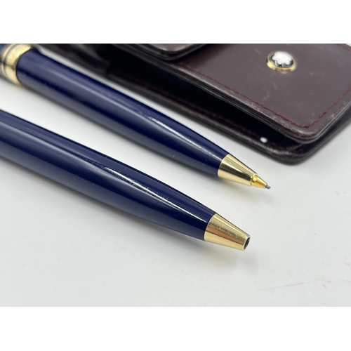 1470 - A brown leather cased Mont Blanc Generation blue lacquer and gold tone two piece writing set compris... 