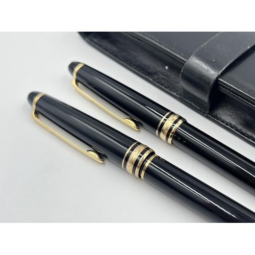 1471 - A black leather cased Mont Blanc Meisterstuck black lacquer and gold tone two piece writing set comp... 