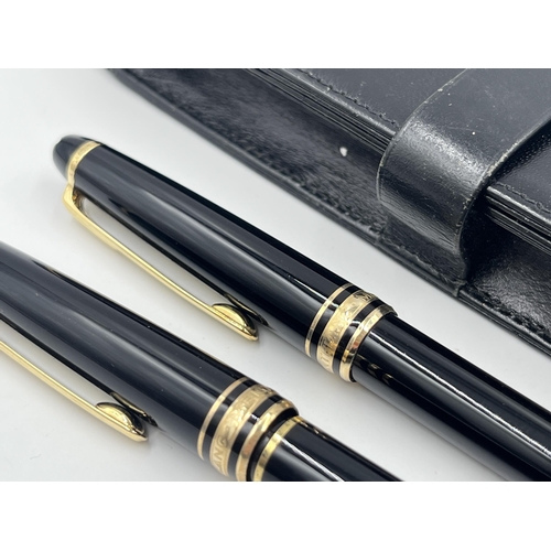 1471 - A black leather cased Mont Blanc Meisterstuck black lacquer and gold tone two piece writing set comp... 