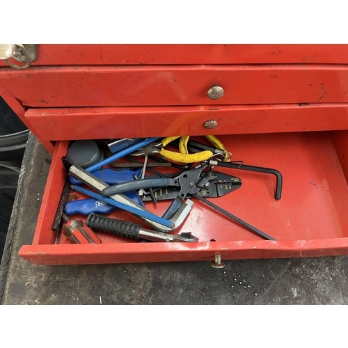 757 - A collection of tools and toolboxes to include two vintage red metal toolboxes containing spanners, ... 