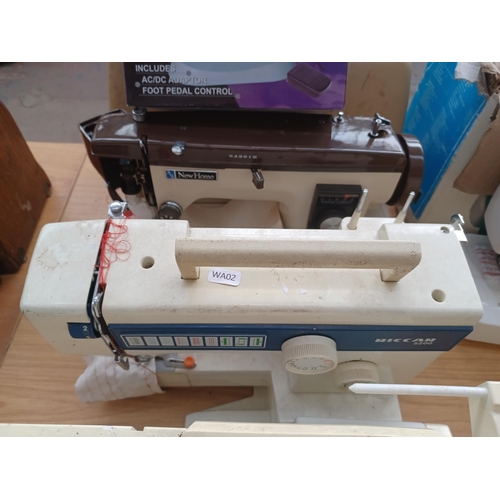 927 - Four electric sewing machines, one cased Janome New Home 921, one boxed SM-202A Mini with foot pedal... 