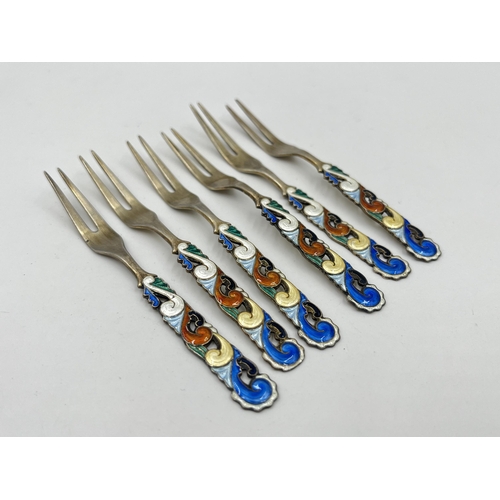 1332 - Six Balle Norway .925 silver and enamel dessert forks - approx. gross weight 45 grams and 10cm long