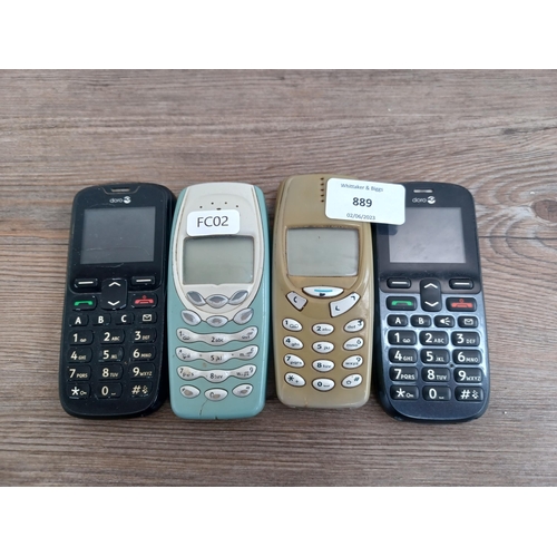 889 - Four mobile phones, two Nokia and two Doro