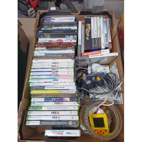 896 - Two boxes containing PS4, Wii, Xbox 360, PS2 etc. games discs, electronic games, boxed joystick, Nin... 