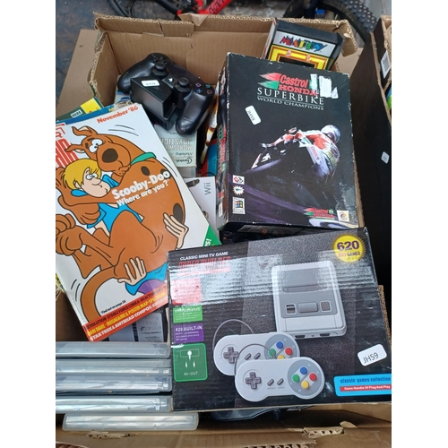 896 - Two boxes containing PS4, Wii, Xbox 360, PS2 etc. games discs, electronic games, boxed joystick, Nin... 