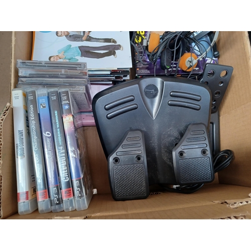 896 - Two boxes containing PS4, Wii, Xbox 360, PS2 etc. games discs, electronic games, boxed joystick, Nin... 