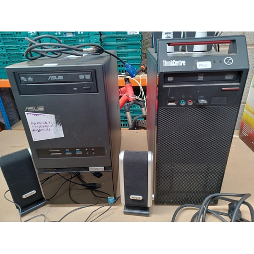 897 - Two desktop PCs with cables and speakers, one ThinkCentre and one Asus both marked with passwords an... 