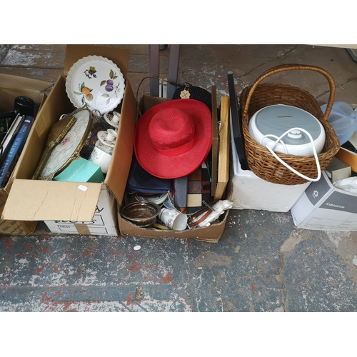 982B - Three boxes containing glassware wicker basket, Bionaire electric fan heater, Wedgwood Hathaway Rose... 