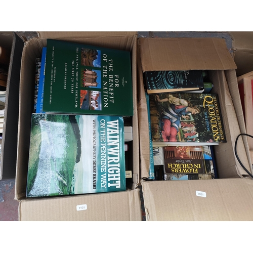 982C - Four boxes containing a large quantity of books, Ring Lighting black plastic desk lamp etc.