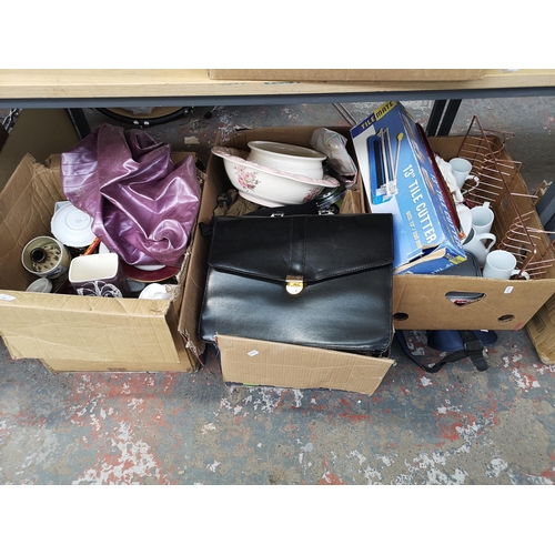 992 - Three boxes containing ceramics, glassware, kitchenware, golf bag, golf clubs etc.