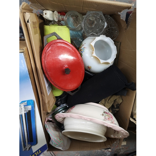 992 - Three boxes containing ceramics, glassware, kitchenware, golf bag, golf clubs etc.