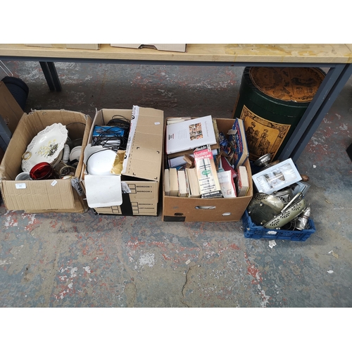 993 - Four boxes and one Reproduction Victorian hatbox containing metalware, ceramics etc.