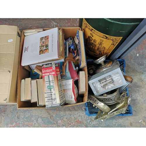 993 - Four boxes and one Reproduction Victorian hatbox containing metalware, ceramics etc.