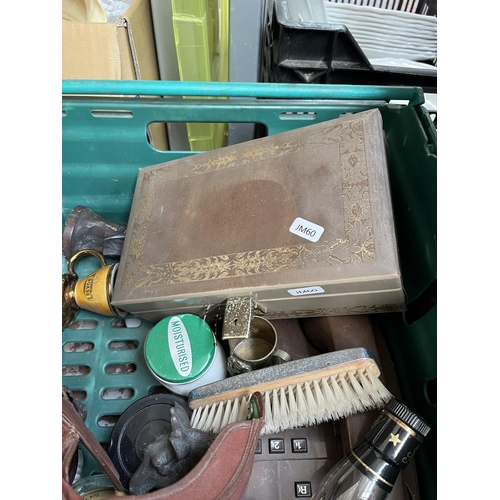 975B - Two boxes and one early 20th century brown metal travel trunk containing replica percussion pistol, ... 