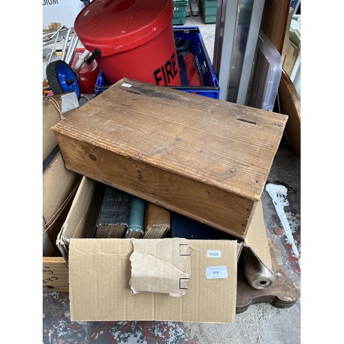 976 - Three boxes containing house clearance items to include Wills's Star Cigarettes cribbage board, blac... 