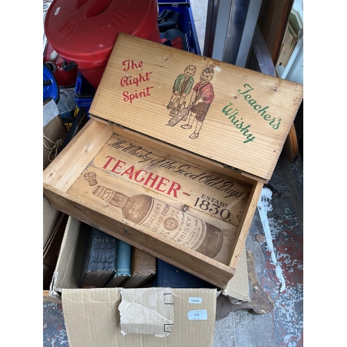 976 - Three boxes containing house clearance items to include Wills's Star Cigarettes cribbage board, blac... 