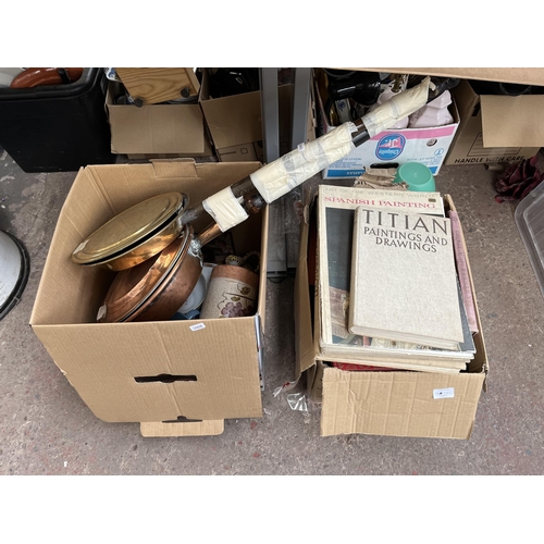 976C - Two boxes containing books, ceramics, two Victorian bed warming pans etc.